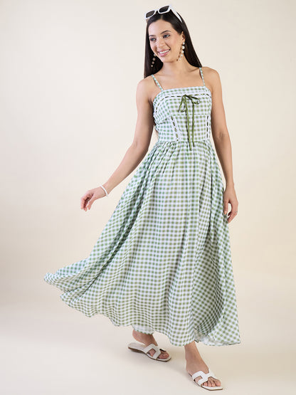Embrace timeless charm with this gingham maxi dress in green colour