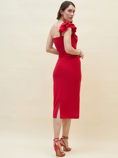 Below-knee solid dress in red colour