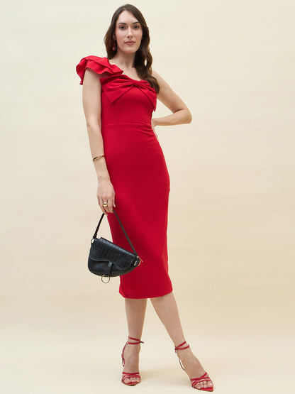 Below-knee solid dress in red colour