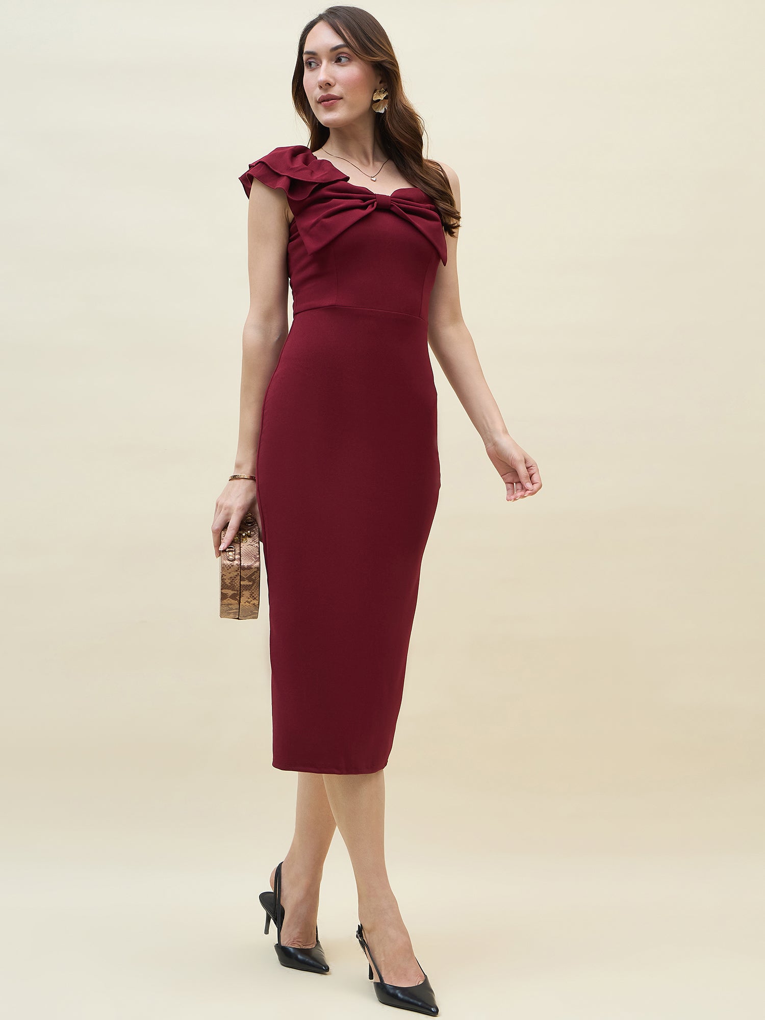 Below-knee solid dress in maroon  colour