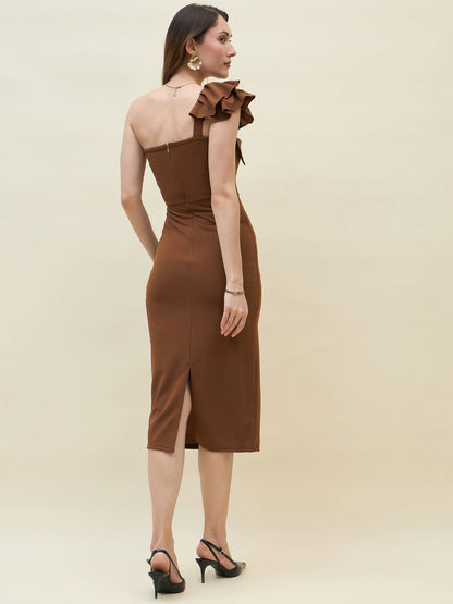 Below-knee solid dress in brown colour