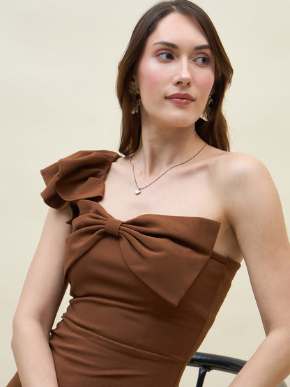 Below-knee solid dress in brown colour