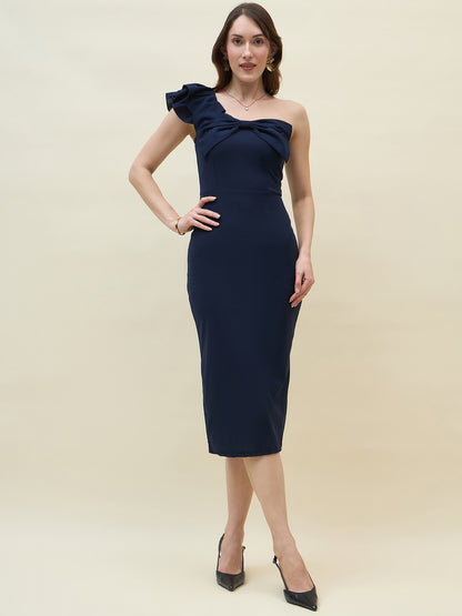 Below-knee solid dress in royal blue colour
