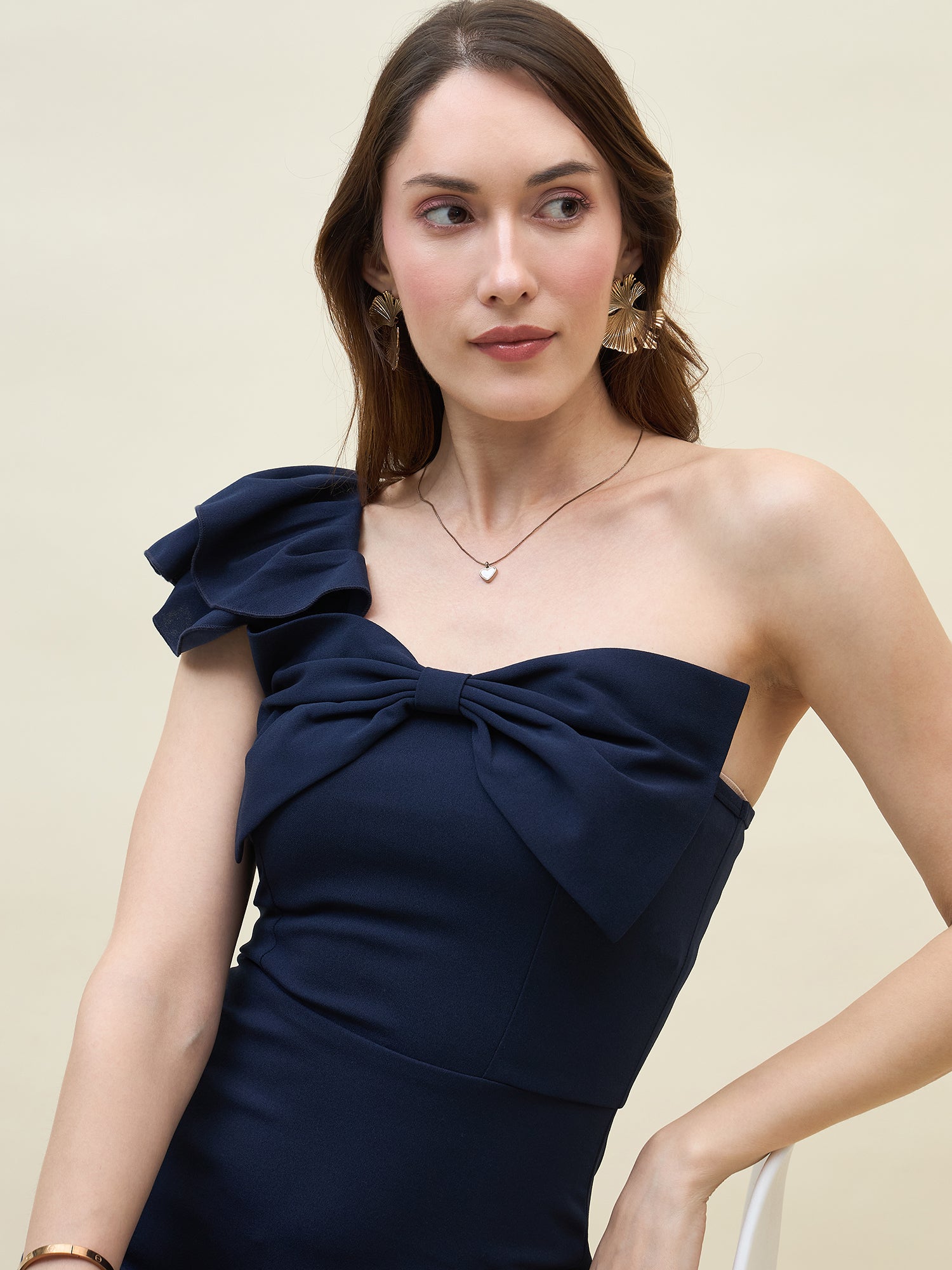 Below-knee solid dress in royal blue colour