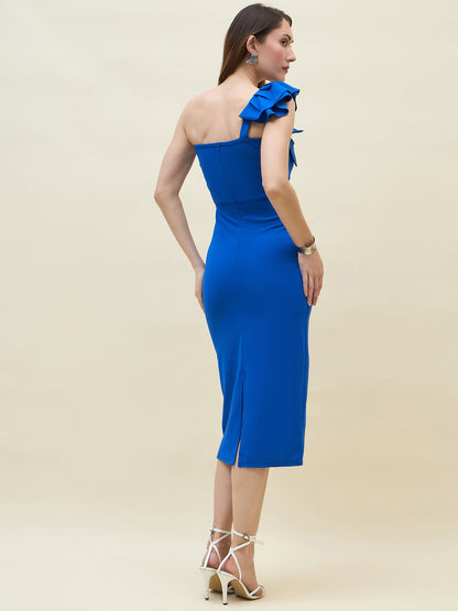 Below-knee solid dress in blue colour