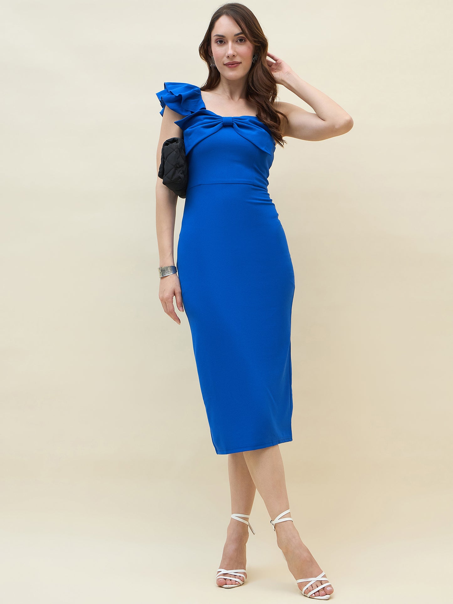 Below-knee solid dress in blue colour