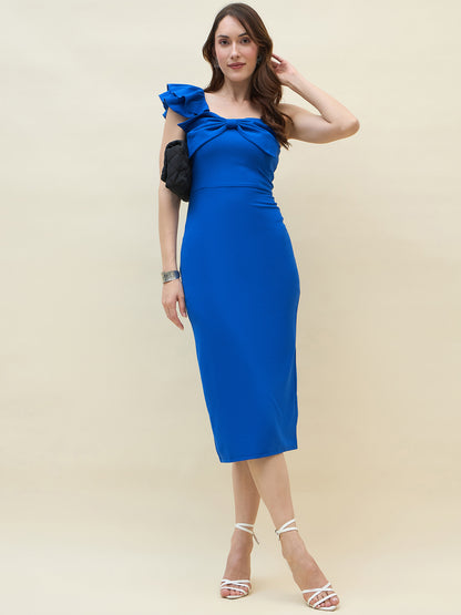 Below-knee solid dress in blue colour