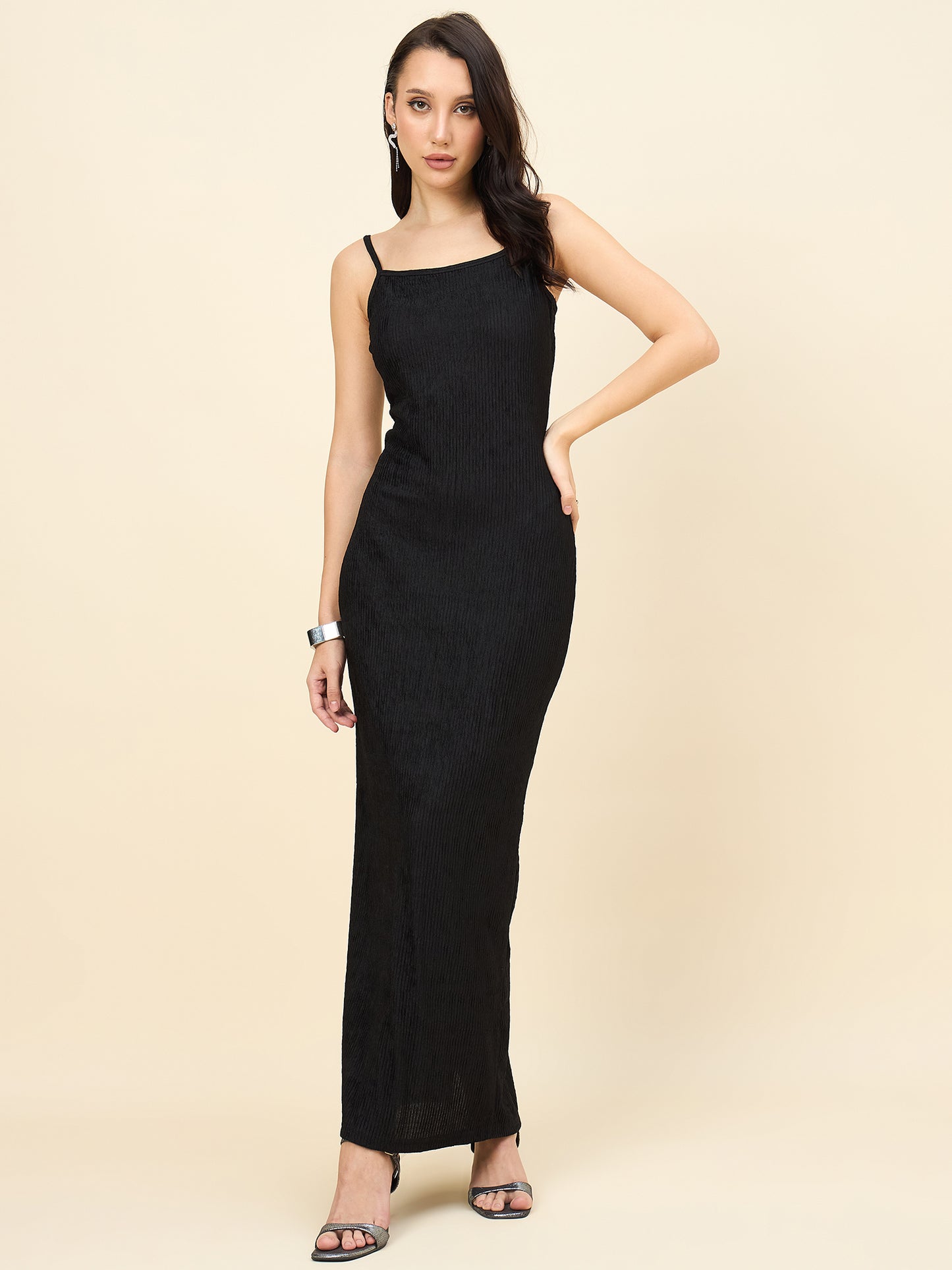 Black Solid Square Neck Bodycon Maxi Dress