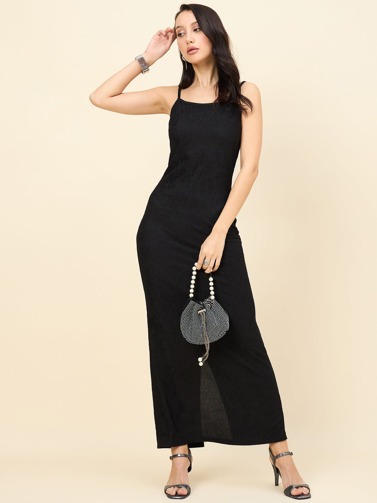 Black Solid Square Neck Bodycon Maxi Dress