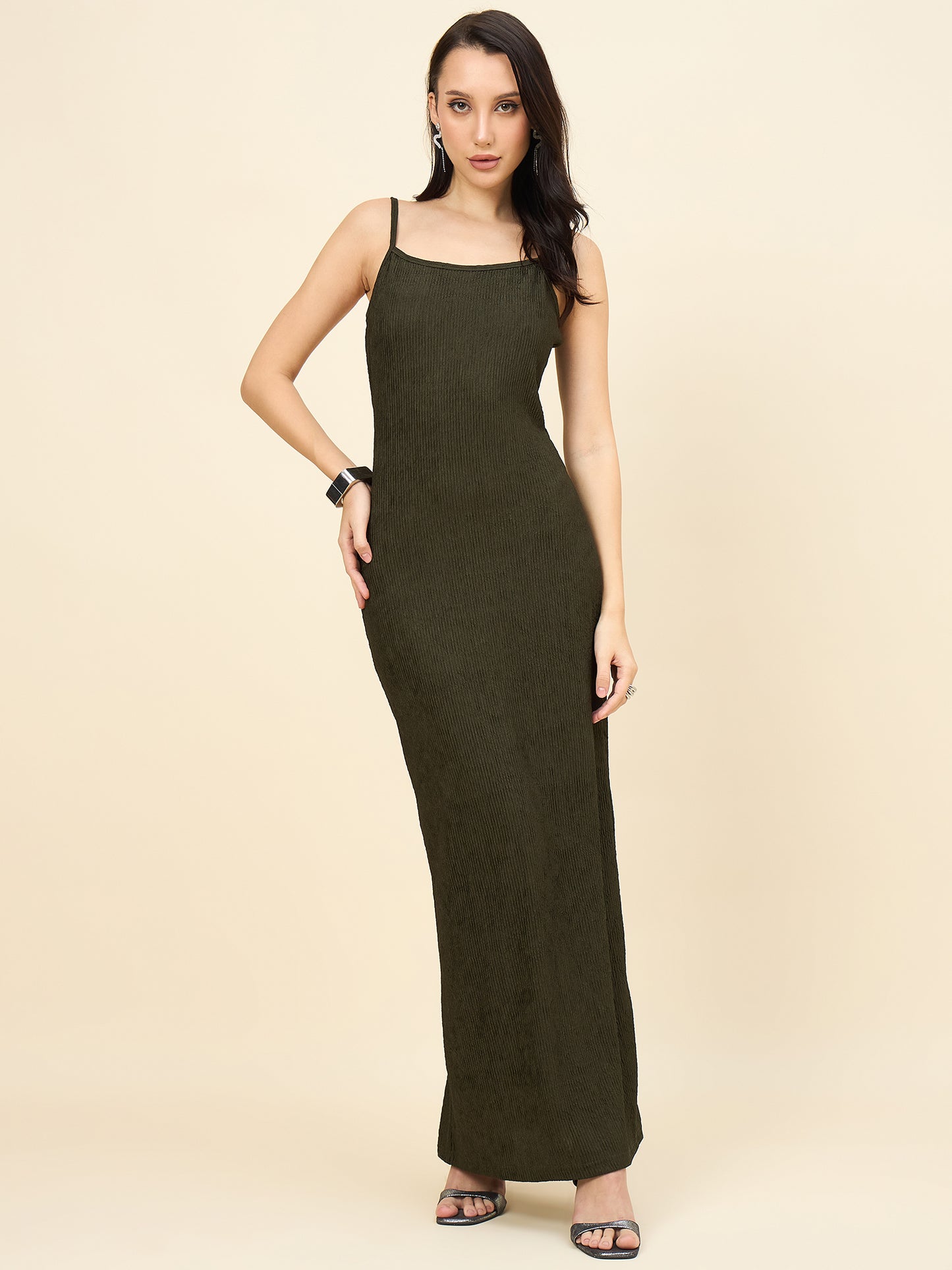 Black Solid Square Neck Bodycon Maxi Dress
