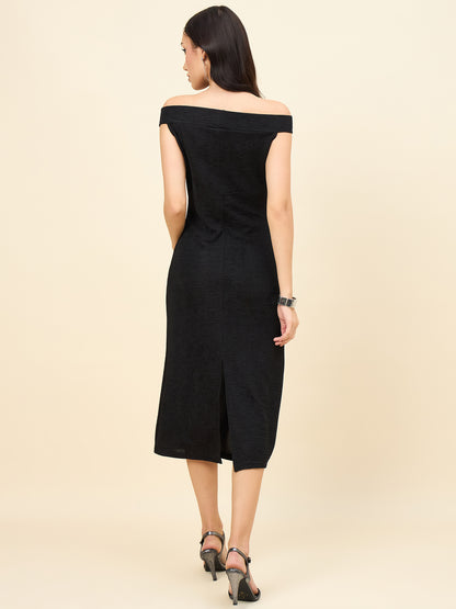 black bodycon midi dress with boat neck