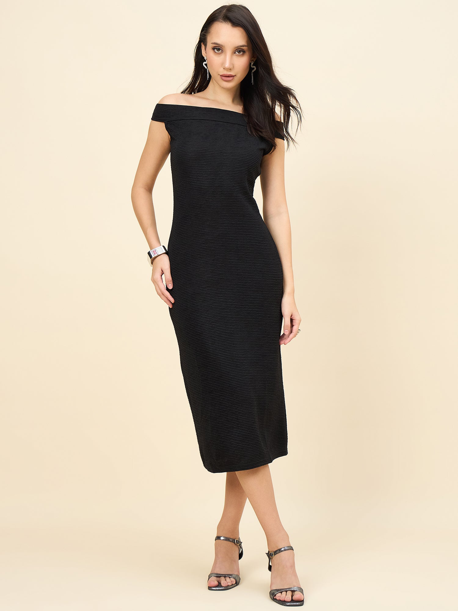 black bodycon midi dress with boat neck