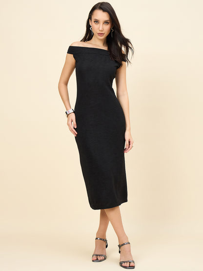 black bodycon midi dress with boat neck