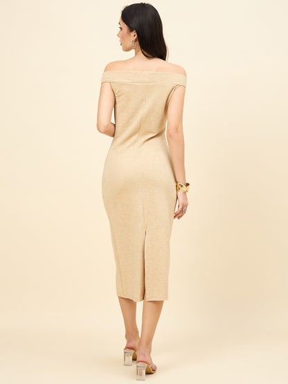 cream bodycon midi dress with boat neck