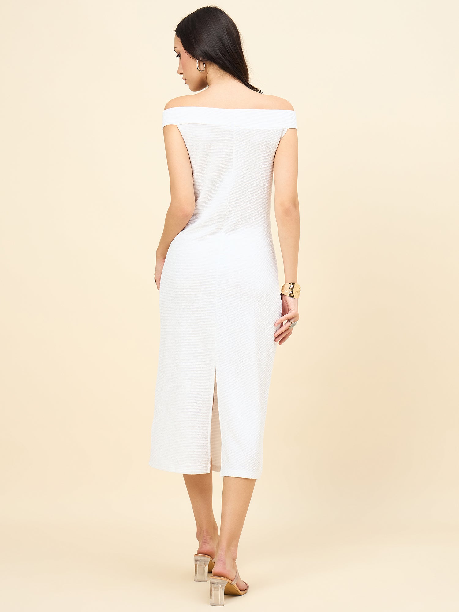white bodycon midi dress with boat neck