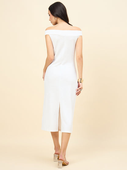 white bodycon midi dress with boat neck