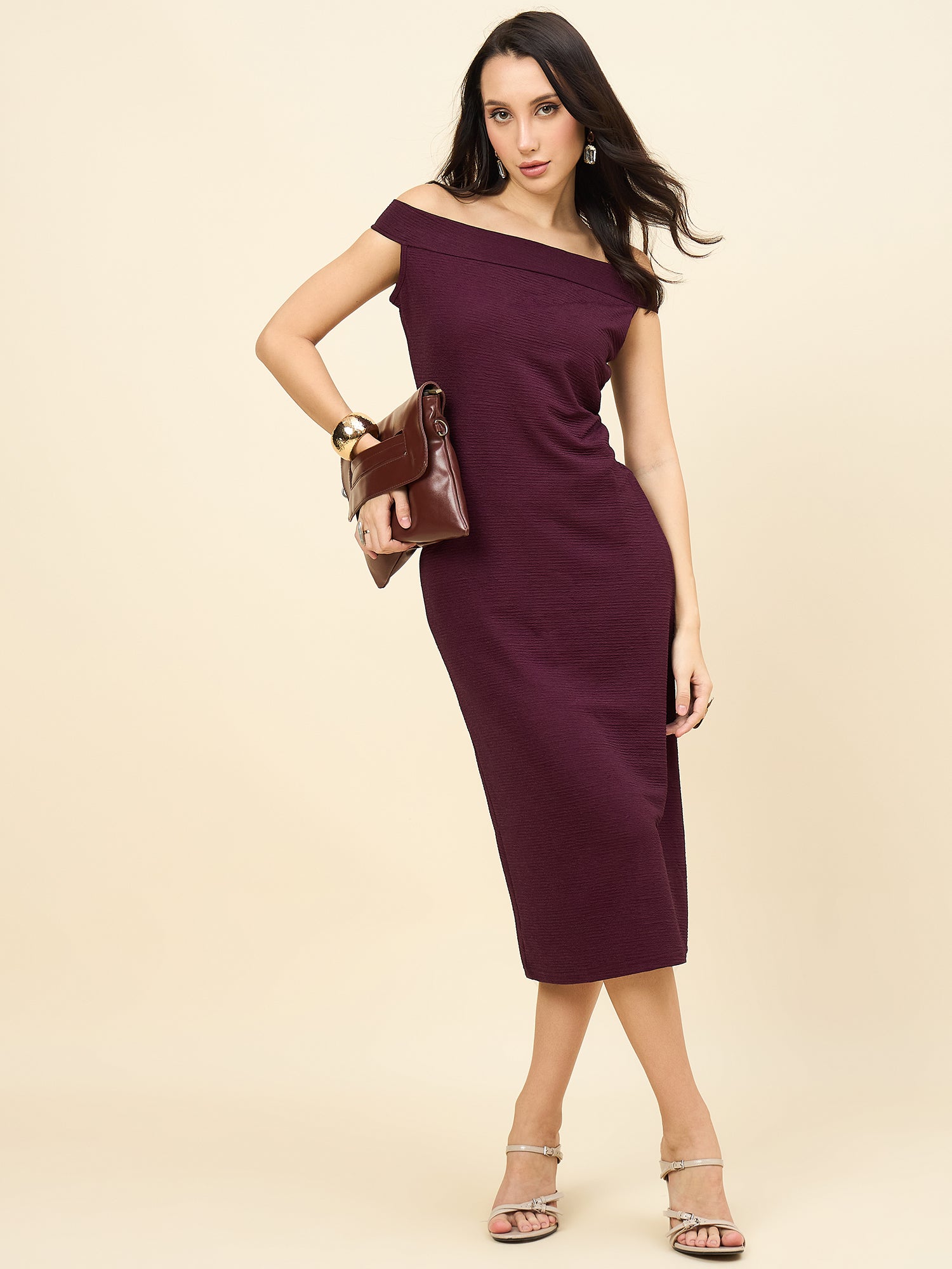 wine bodycon midi dress with boat neck