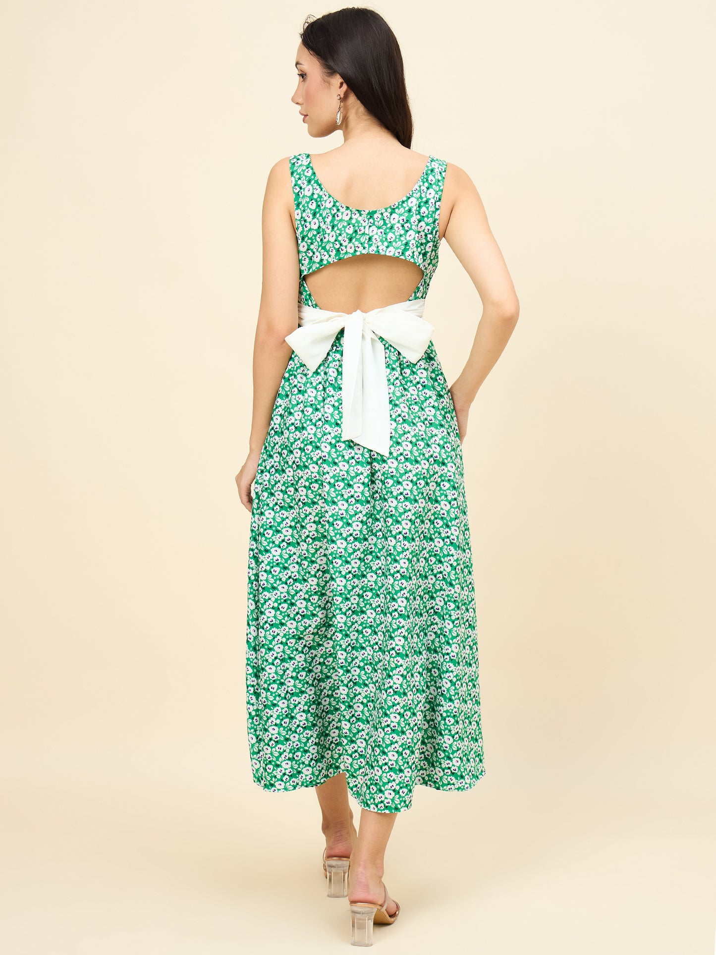 Green sleeveless floral A-line midi