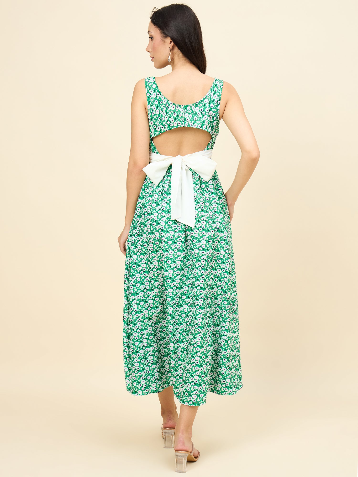Green sleeveless floral A-line midi