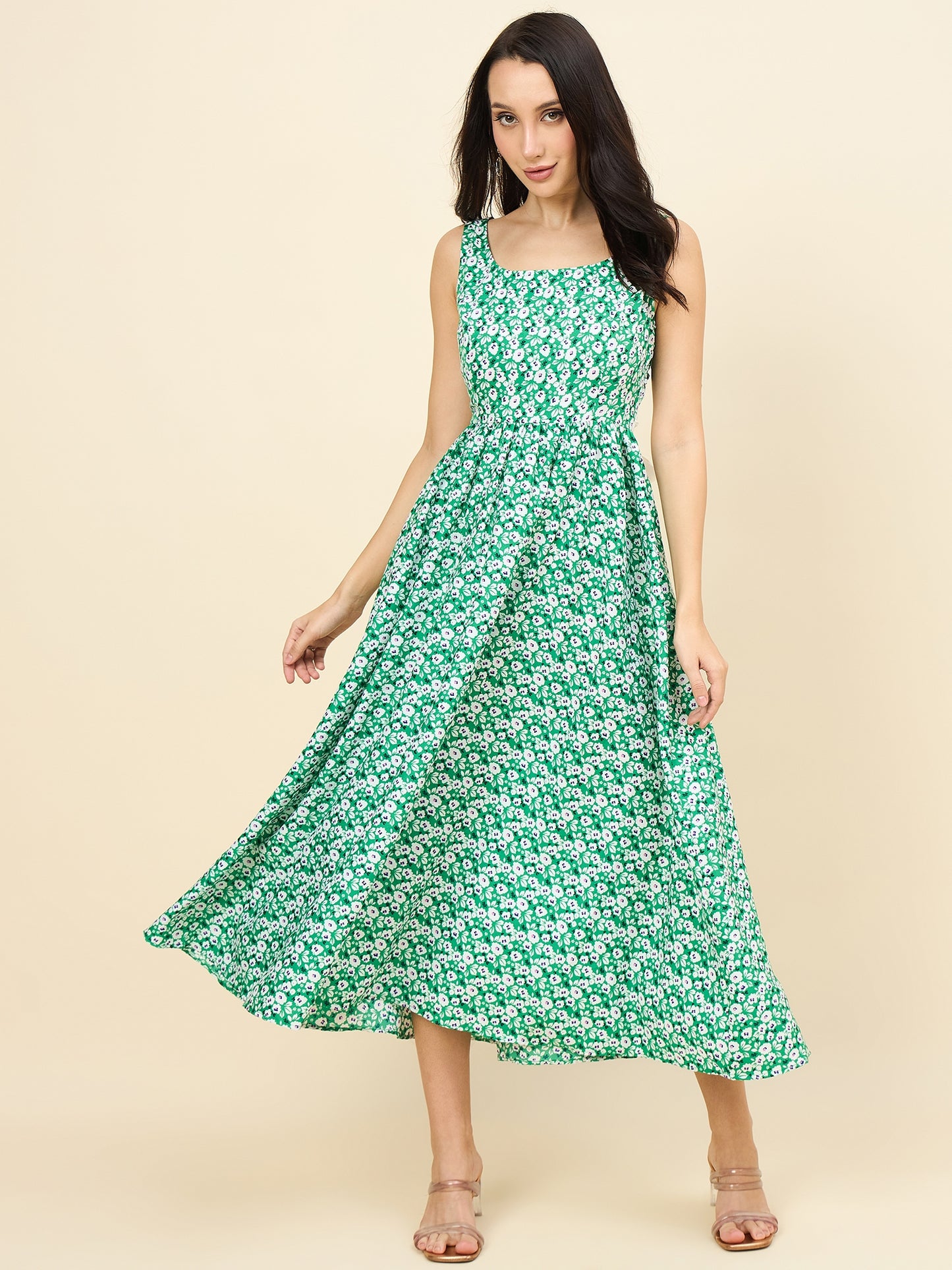 Green sleeveless floral A-line midi