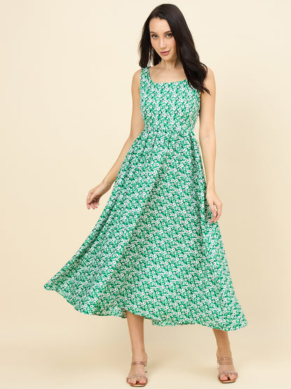 Green sleeveless floral A-line midi
