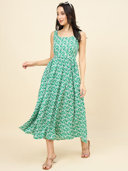 Green sleeveless floral A-line midi