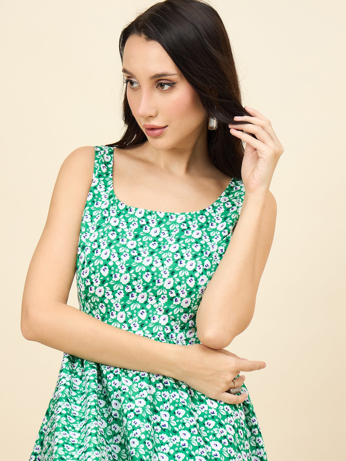 Green sleeveless floral A-line midi