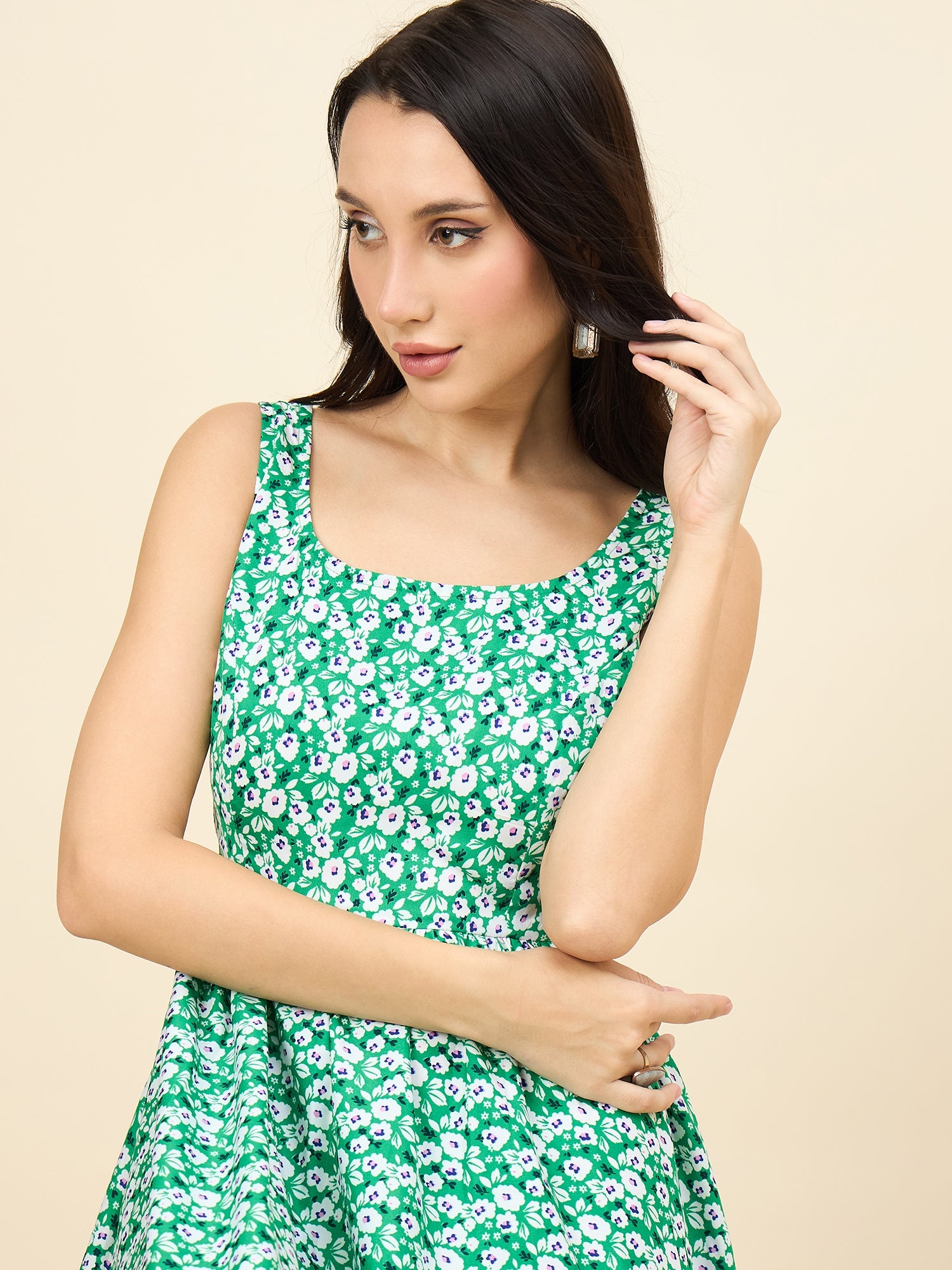 Green sleeveless floral A-line midi