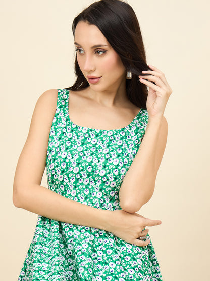 Green sleeveless floral A-line midi