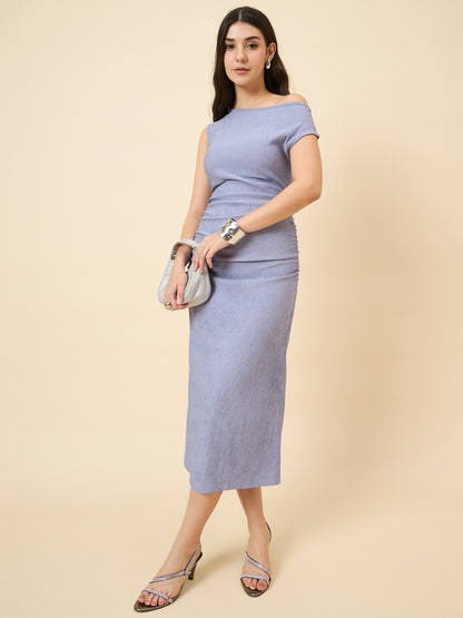 one-shoulder bodycon blue midi on pink background