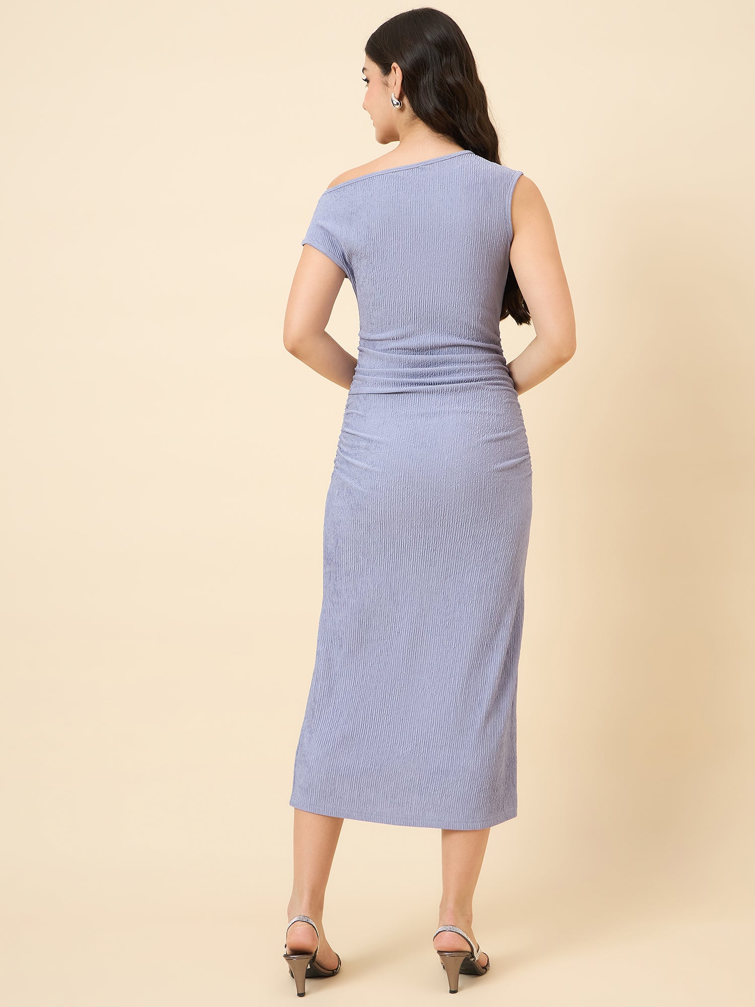 one-shoulder bodycon blue midi on pink background