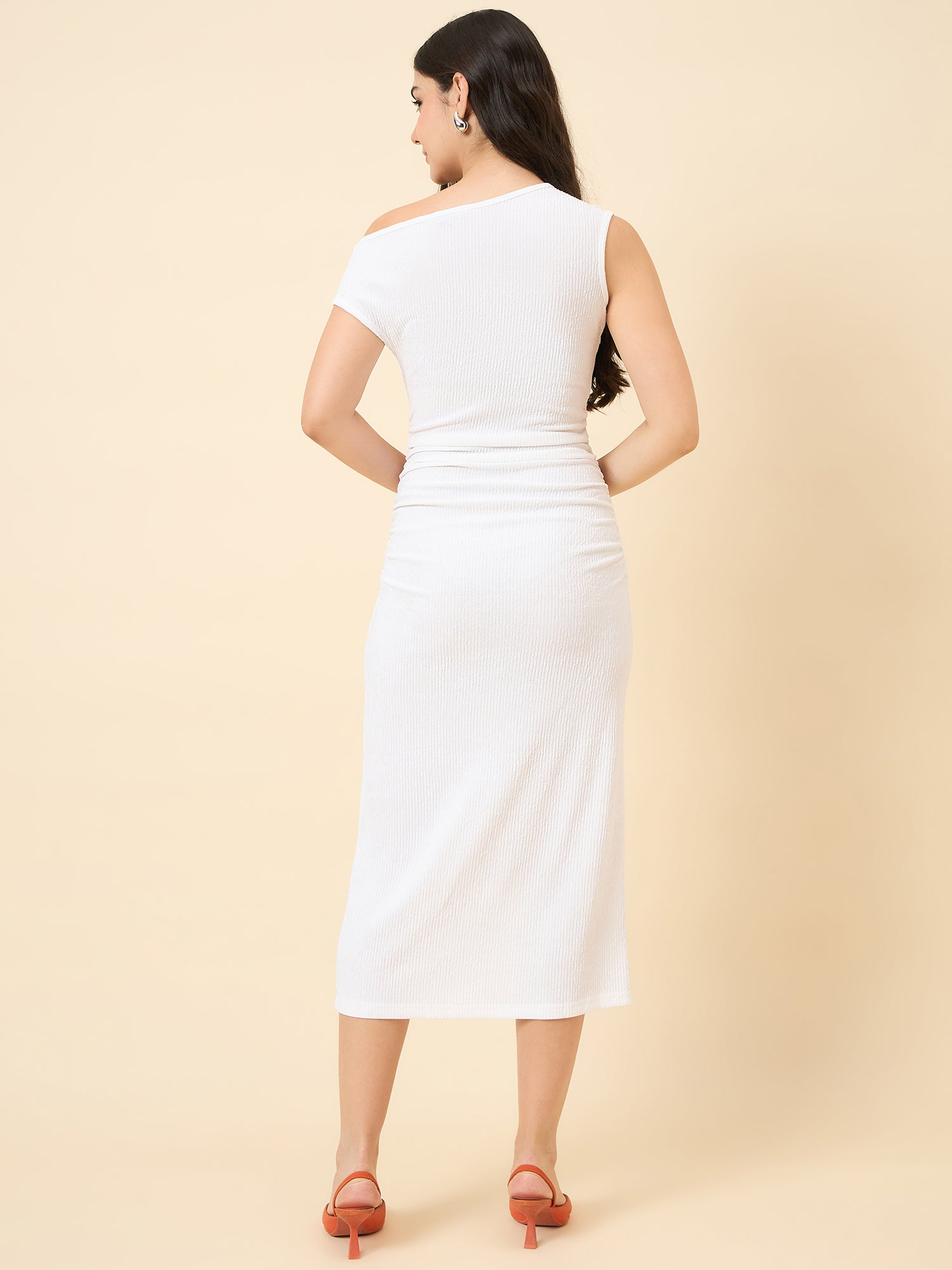 one-shoulder bodycon white midi on pink background