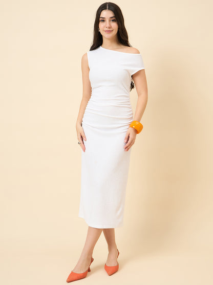 one-shoulder bodycon white midi on pink background
