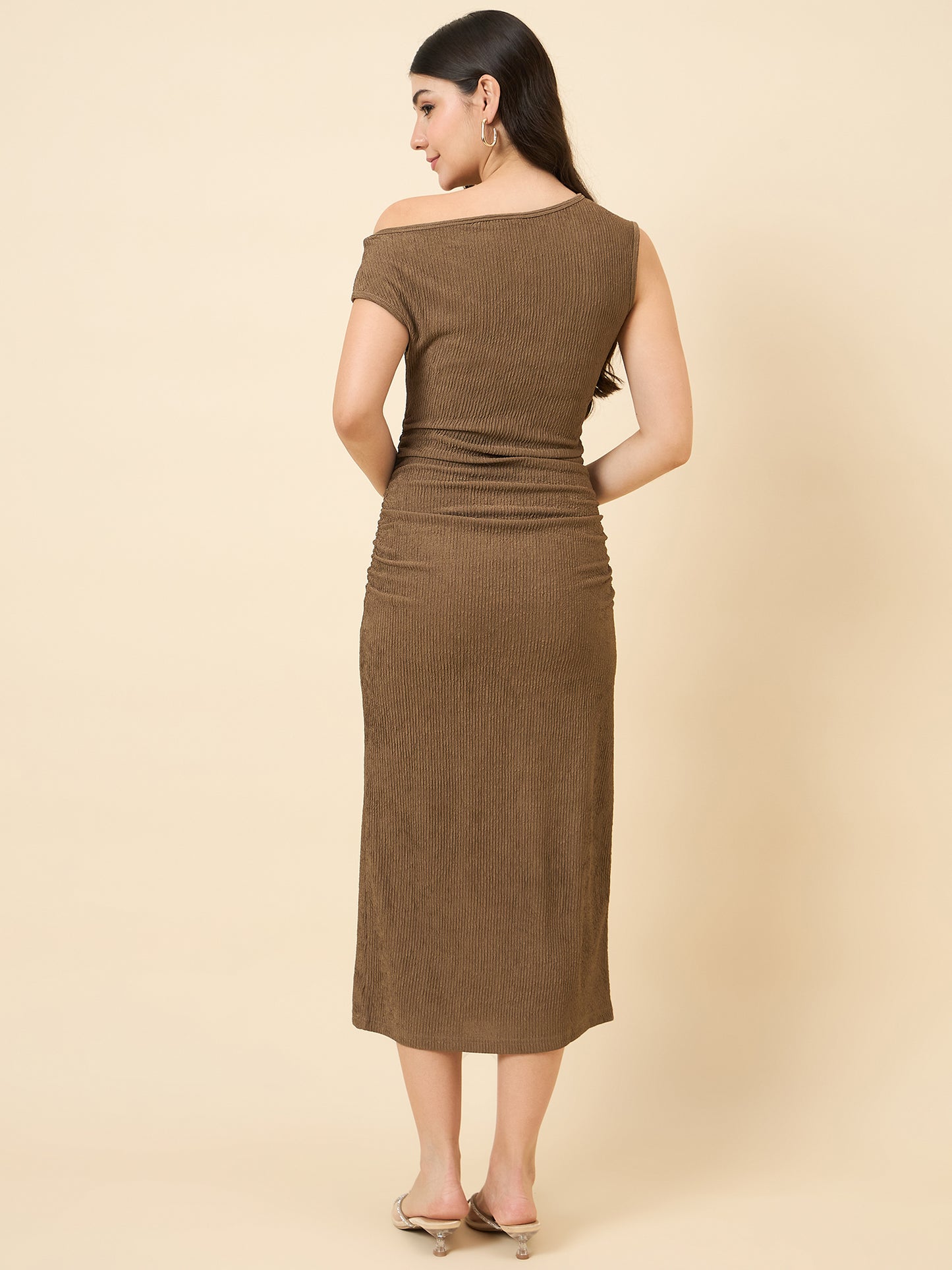 one-shoulder bodycon brown midi on pink background