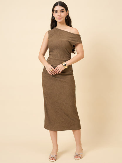 one-shoulder bodycon brown midi on pink background