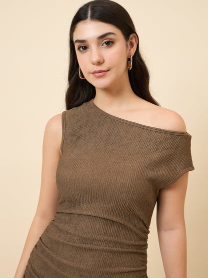 one-shoulder bodycon brown midi on pink background