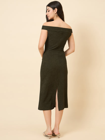 green bodycon midi dress with boat neck