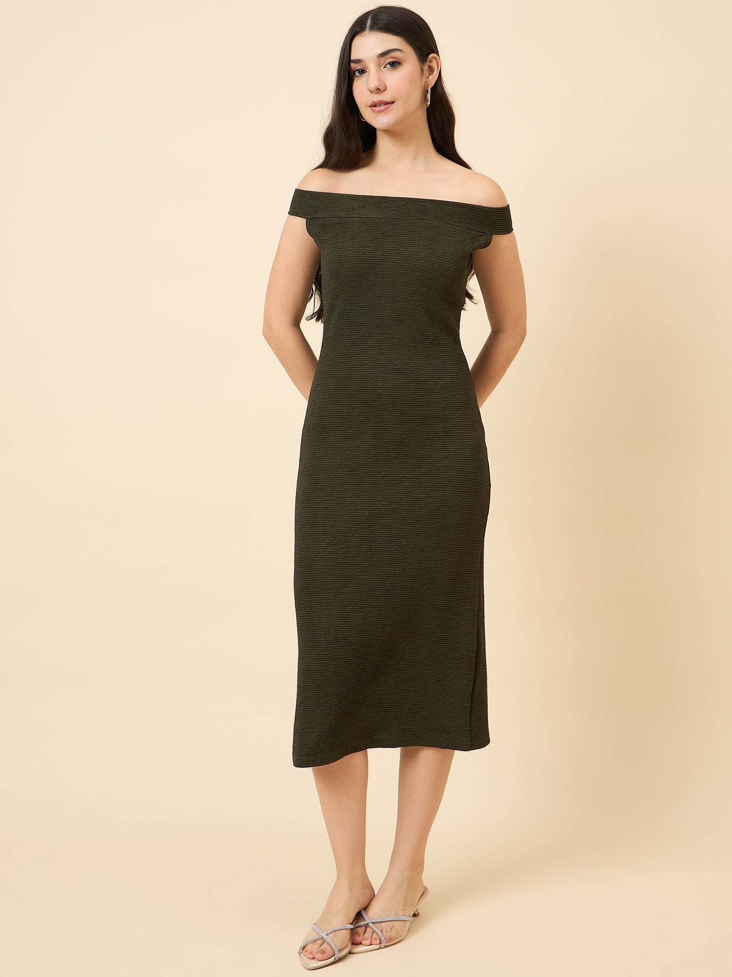 green bodycon midi dress with boat neck