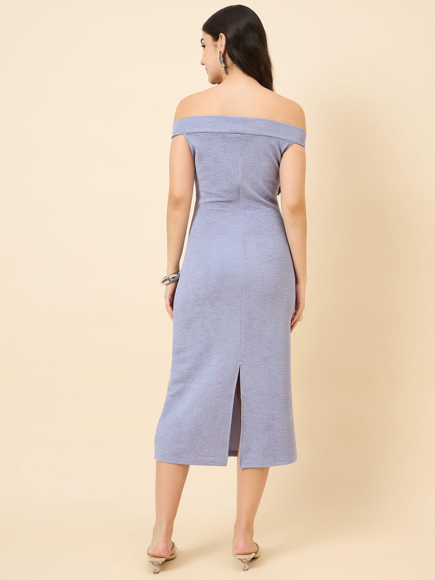 purple bodycon midi dress with boat neck