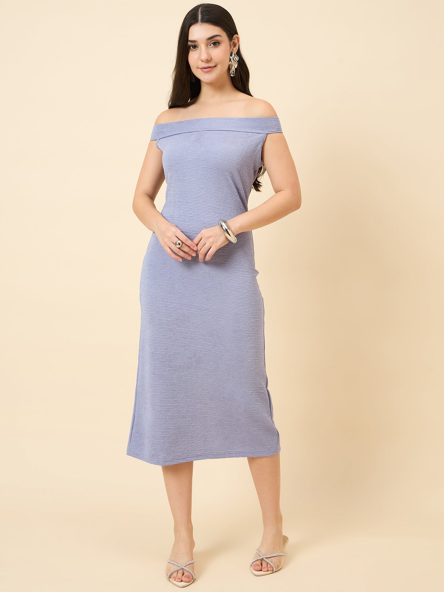 purple bodycon midi dress with boat neck