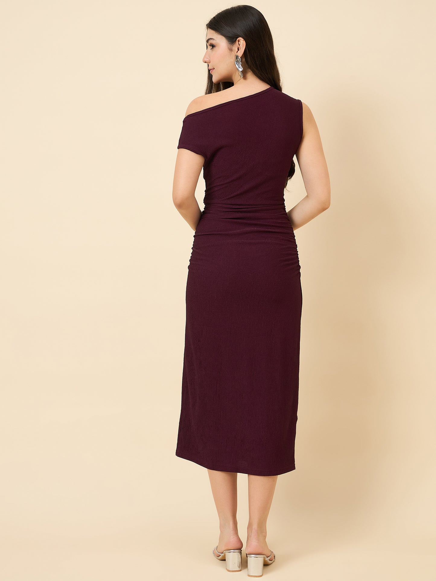 one-shoulder bodycon wine midi on pink background