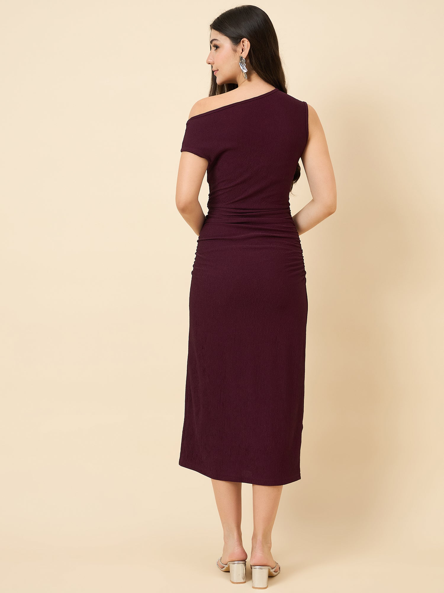 one-shoulder bodycon wine midi on pink background