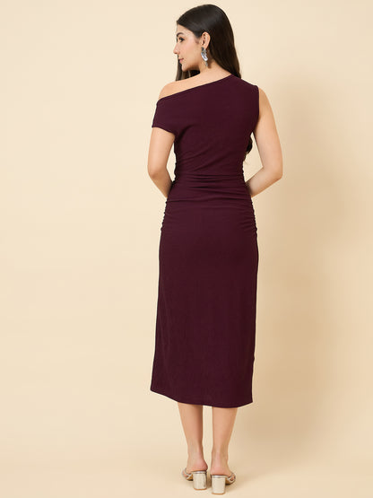 one-shoulder bodycon wine midi on pink background