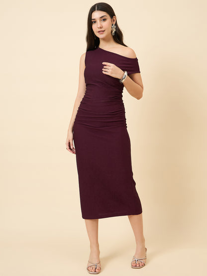 one-shoulder bodycon wine midi on pink background