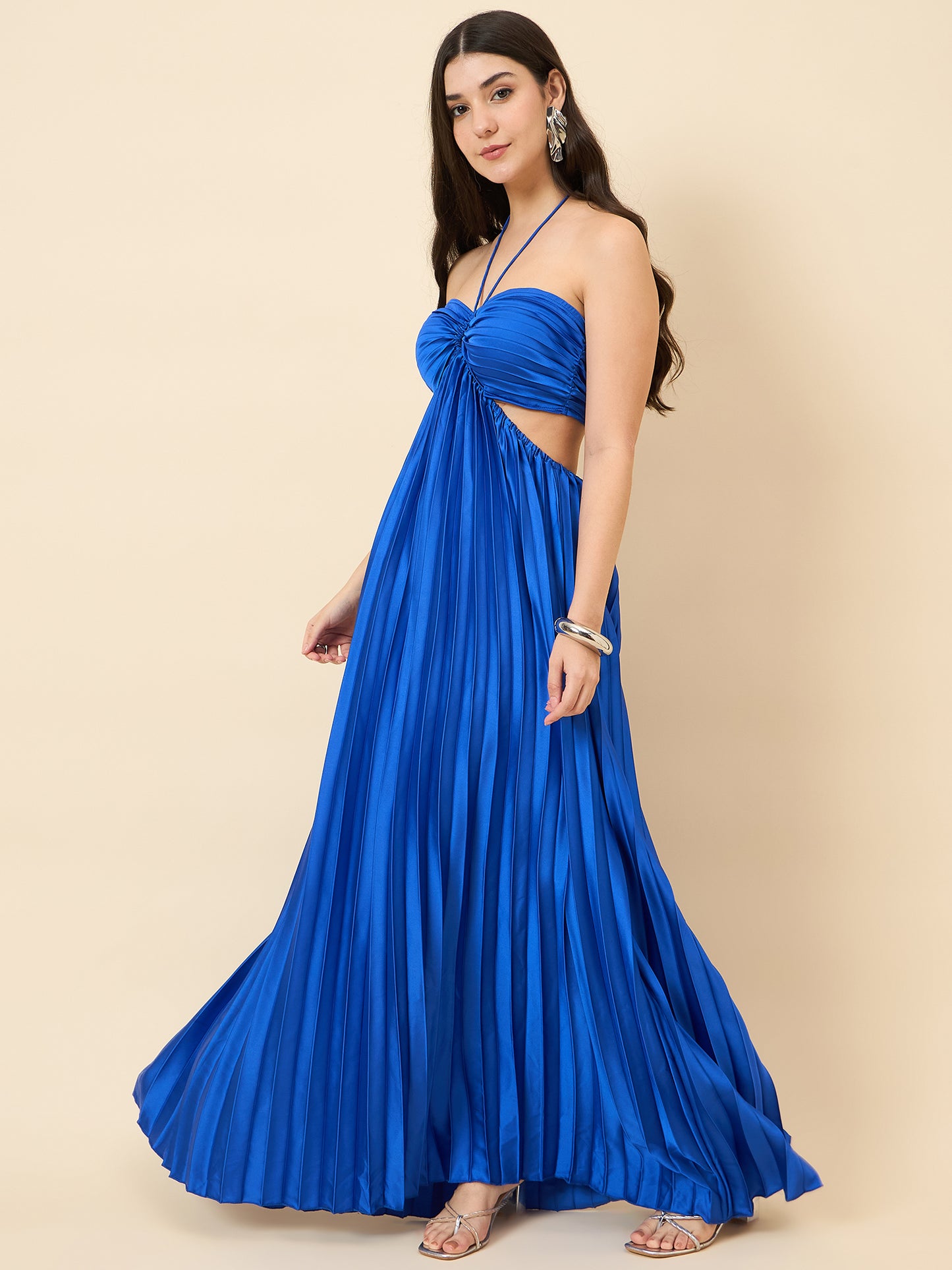 Solid Halter Neck Pleated Satin Maxi Dress