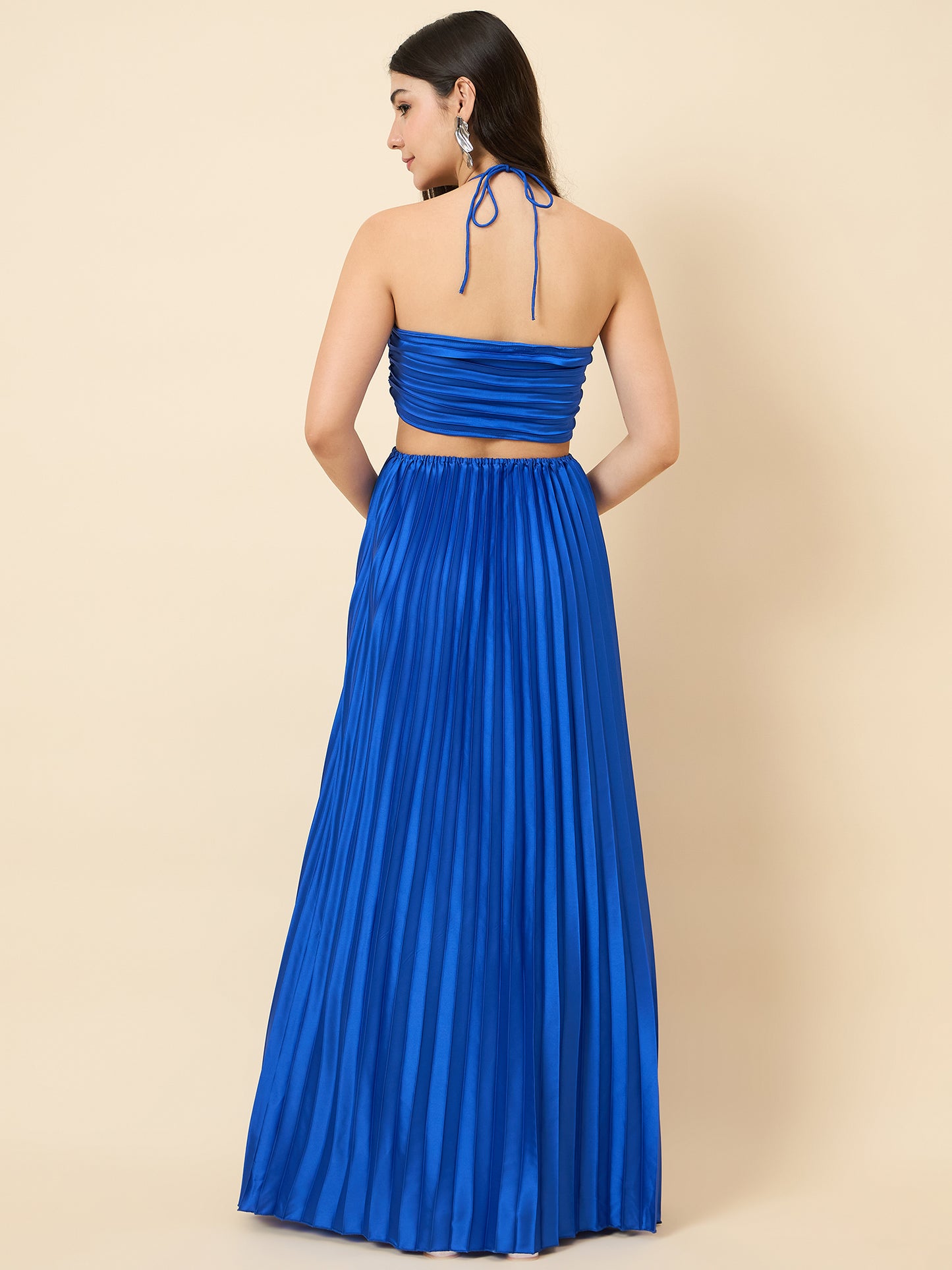 Solid Halter Neck Pleated Satin Maxi Dress