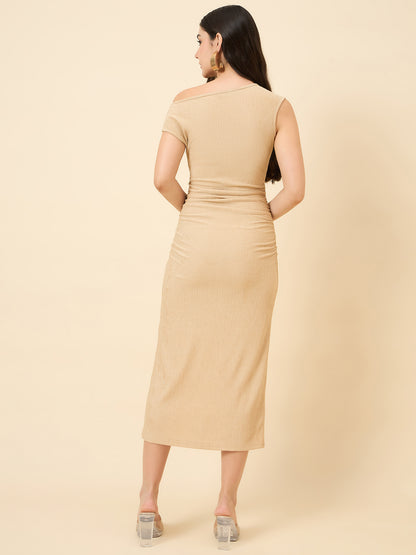 one-shoulder bodycon cream midi on pink background