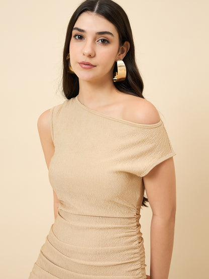 one-shoulder bodycon cream midi on pink background