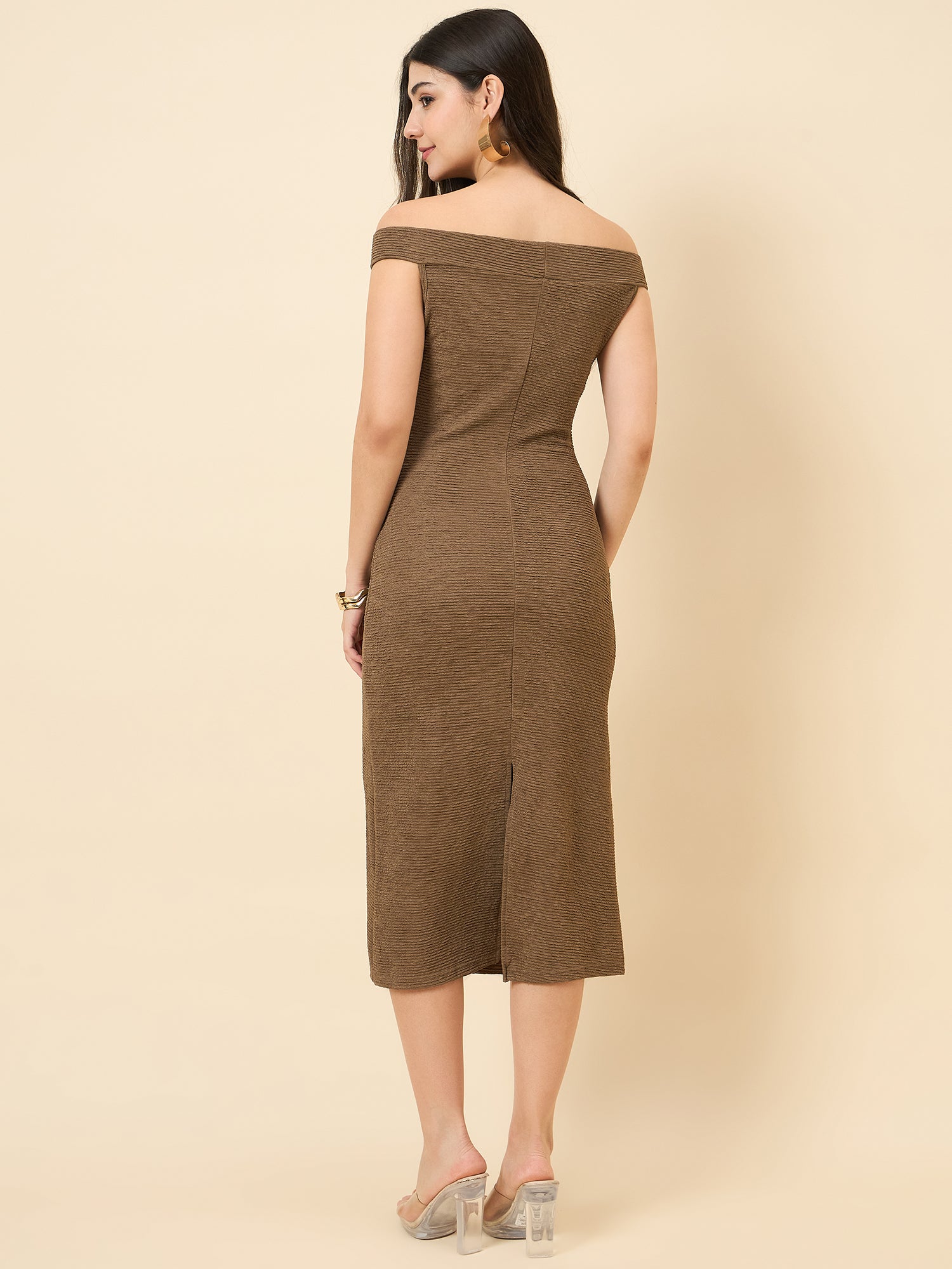 brown bodycon midi dress with boat neck