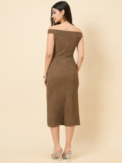 brown bodycon midi dress with boat neck